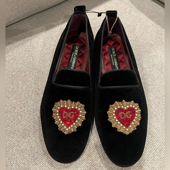 NEW Dolce & Gabbana Devotion Heart DG logo black velvet loafers main image 16